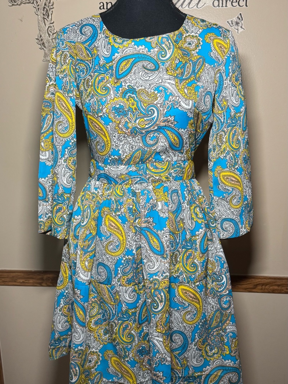 H&M Turquoise Paisley Long-Sleeve Fit-and-Flare Dress